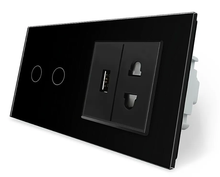 Фото Сенсорний прохідний перехресний вимикач 2 сенсори 1 розетка 1 USB чорне скло Livolo