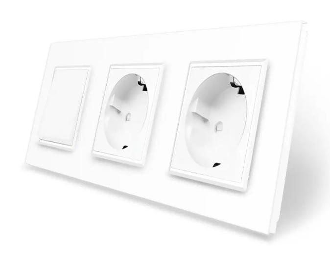 Фото Одноклавишный выключатель с двойной розеткой белое стекло Livolo