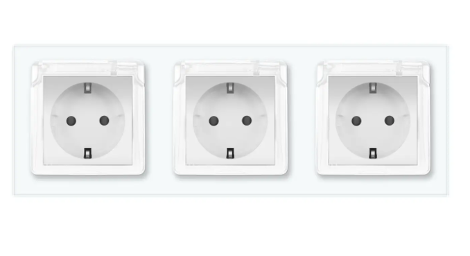 Фото Розетка потрійна вологозахисна з кришкою біле скло Livolo