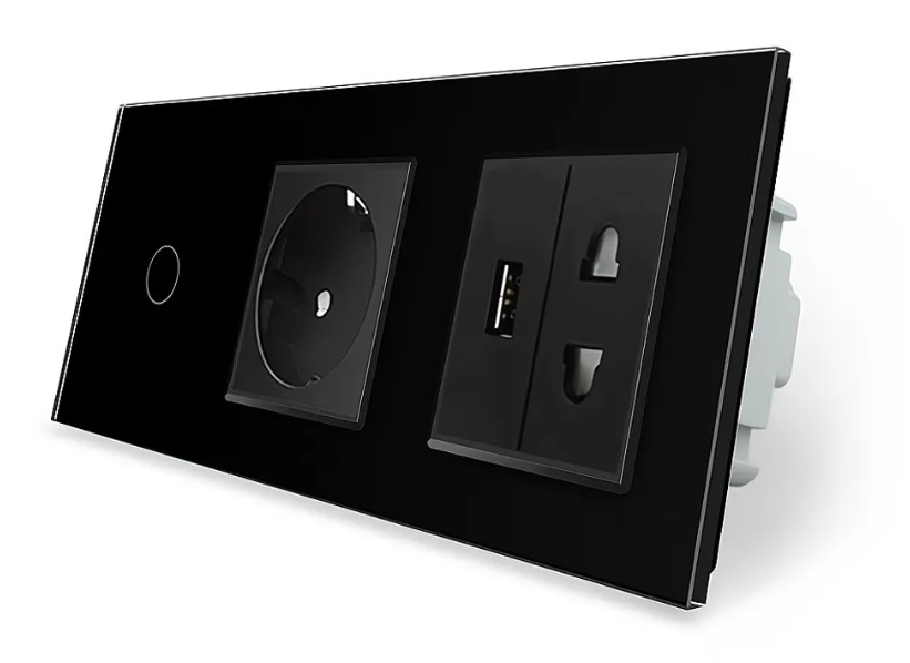Фото Сенсорний прохідний вимикач 1 сенсор 1 розетка 1 USB 1 розетка універсальна чорне скло Livolo