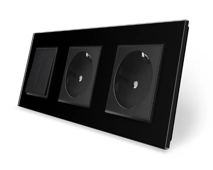 Фото Двоклавішний вимикач із подвійною розеткою чорне скло Livolo