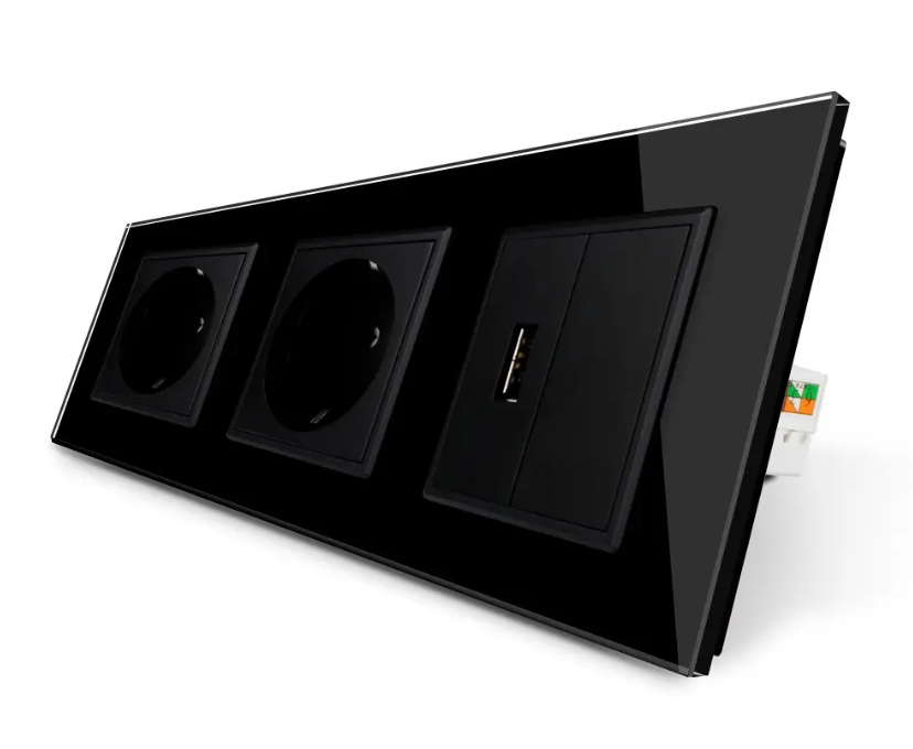 Фото Розетка трехместная силовая с заземлением и USB черное стекло Livolo