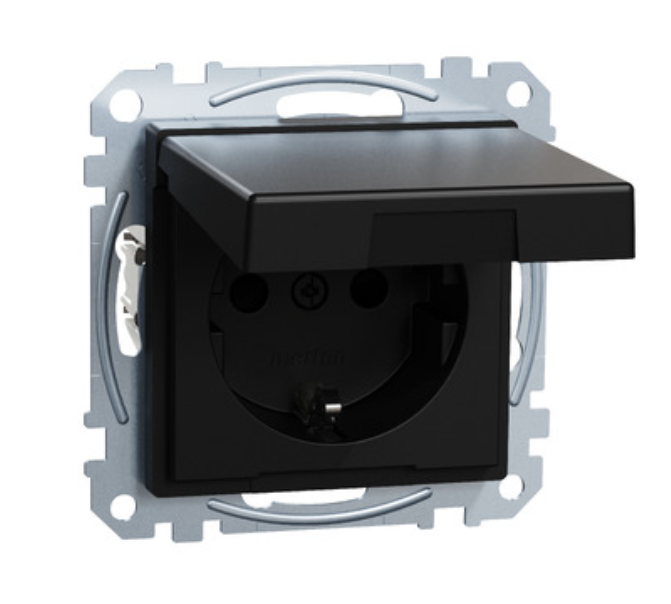 Фото 2 Механизм розетки SCHUKO с крышкой и защитными шторками Merten System M черный матовый