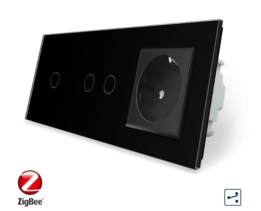 Фото Умный сенсорный проходной выключатель ZigBee 3 сенсора 1 розетка 1-2 черное стекло Livolo