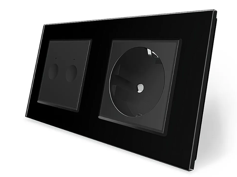 Фото Сенсорний вимикач Sense 2 сенсора 1 розетка чорне скло Livolo