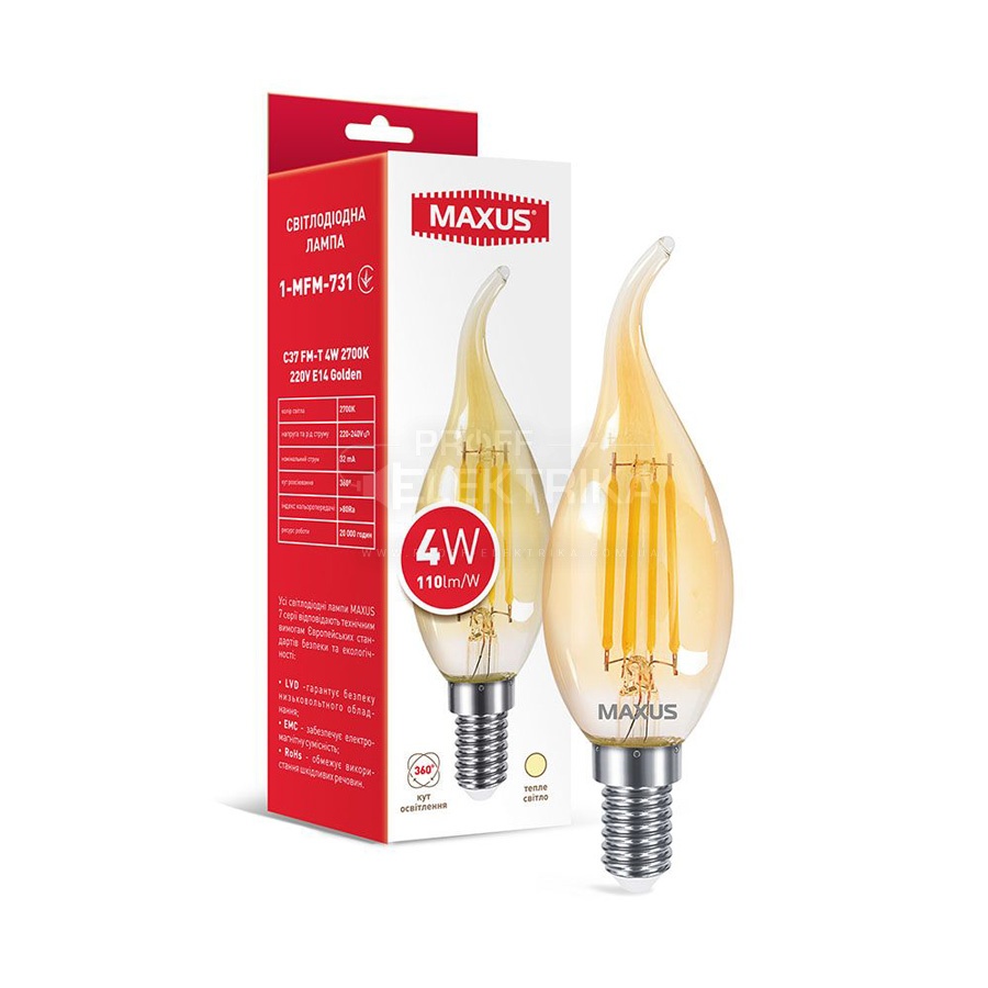 Фото Лампа свічка С37 Е14 4W 2700K 220V Filament 1 MAXUS
