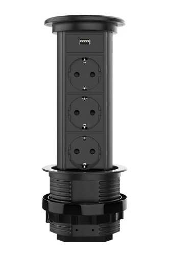 Фото Выдвижной блок из трех розеток USB и беспроводной зарядкой черный Livolo