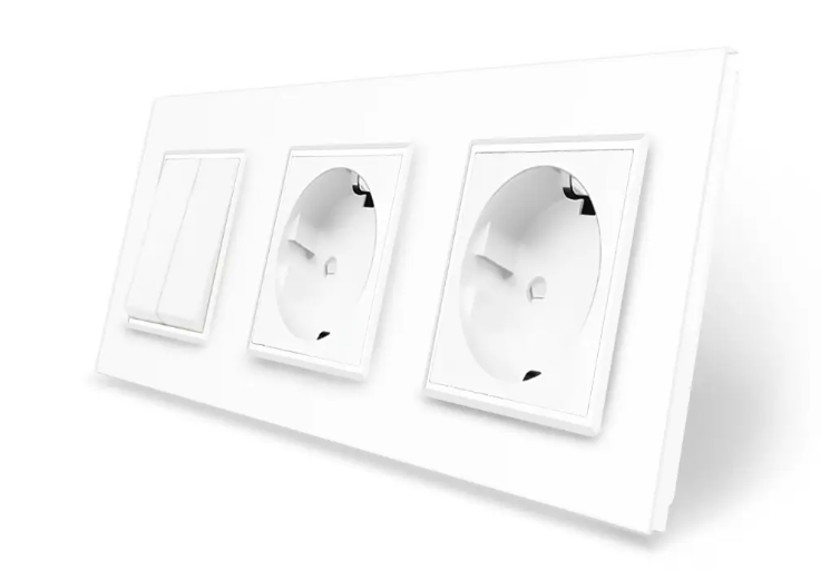 Фото Двоклавішний вимикач із подвійною розеткою біле скло Livolo