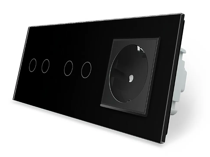 Фото Сенсорний прохідний перехресний вимикач 4 сенсори 2-2 1 розетка чорне скло Livolo