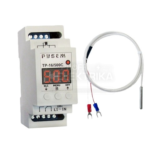 Фото Терморегулятор Rubezh ТР-16/500 для высоких температур на DIN-рейке 16А 220В датчик до 200°C