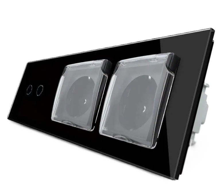 Фото Сенсорний вимикач 2 сенсора Розетка подвійна вологозахисна з кришкою чорне скло Livolo