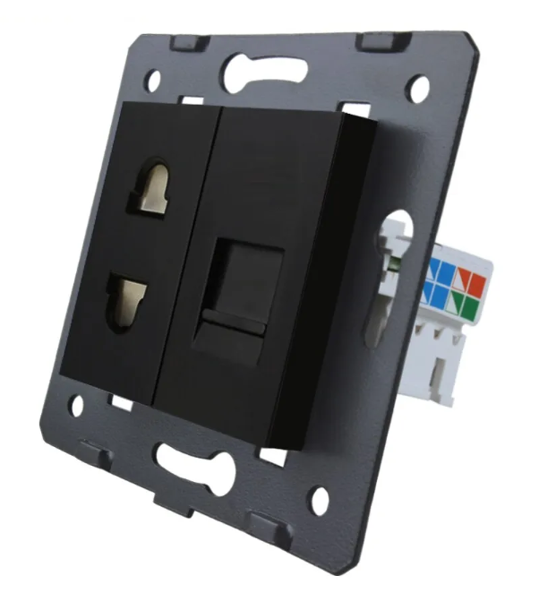 Фото Механизм универсальная розетка и компьютерная розетка RJ-45 черный Livolo
