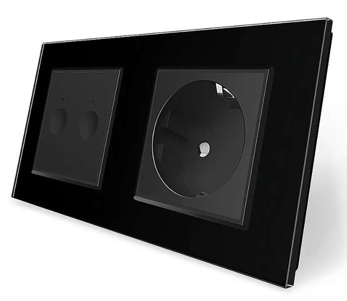 Фото Сенсорний прохідний вимикач Sense 2 сенсора 1 розетка чорне скло Livolo