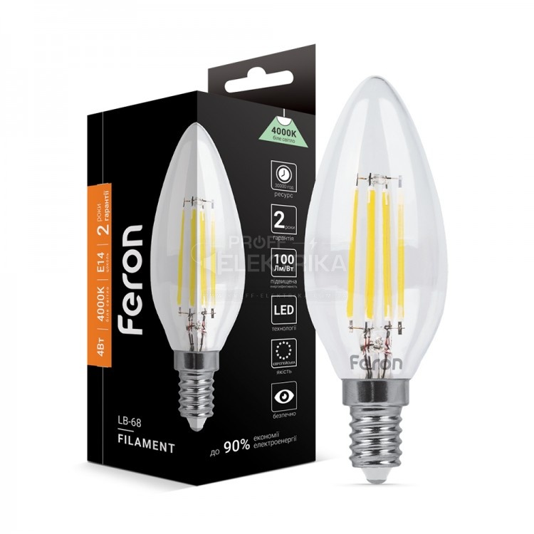 Фото Лампа свічка С37 Е14 4W 4000K 220V LB 68 FERON