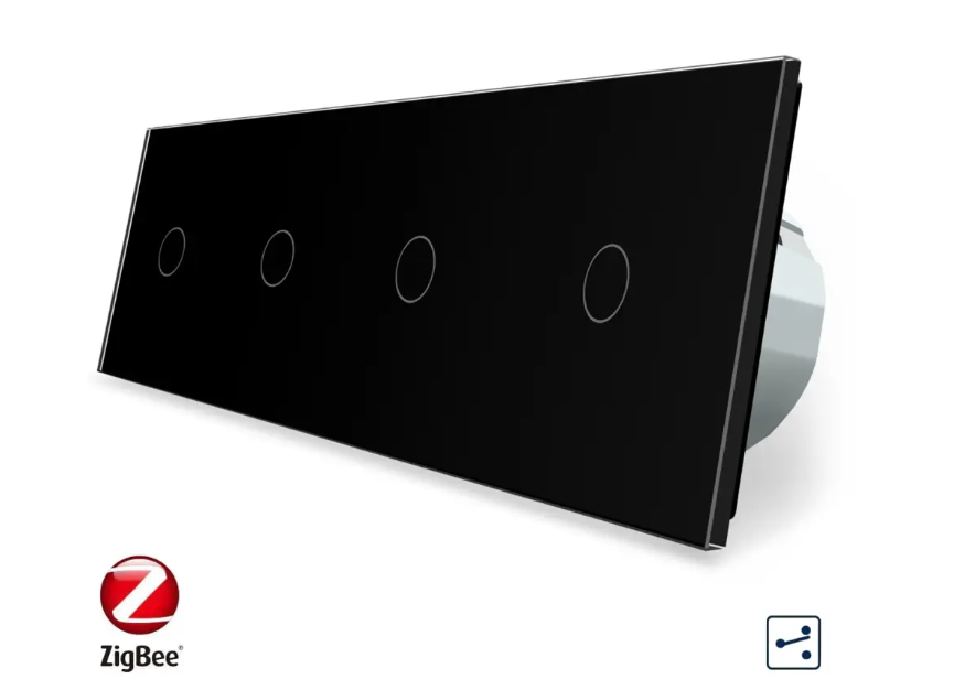 Фото Умный сенсорный проходной выключатель ZigBee 4 сенсора 1-1-1-1 черное стекло Livolo