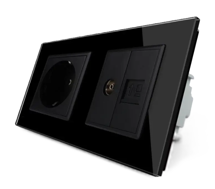Фото Розетка двомісна комбінована силова інтернет ТВ чорне скло Livolo