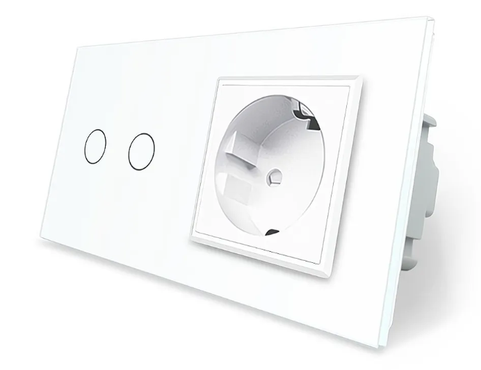 Фото Сенсорний прохідний перехресний вимикач 2 сенсори 1 розетка біле скло Livolo