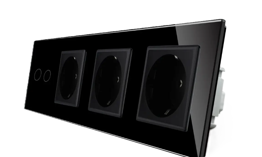 Фото Розумний сенсорний ZigBee вимикач 2 сенсора 3 розетки чорне скло Livolo