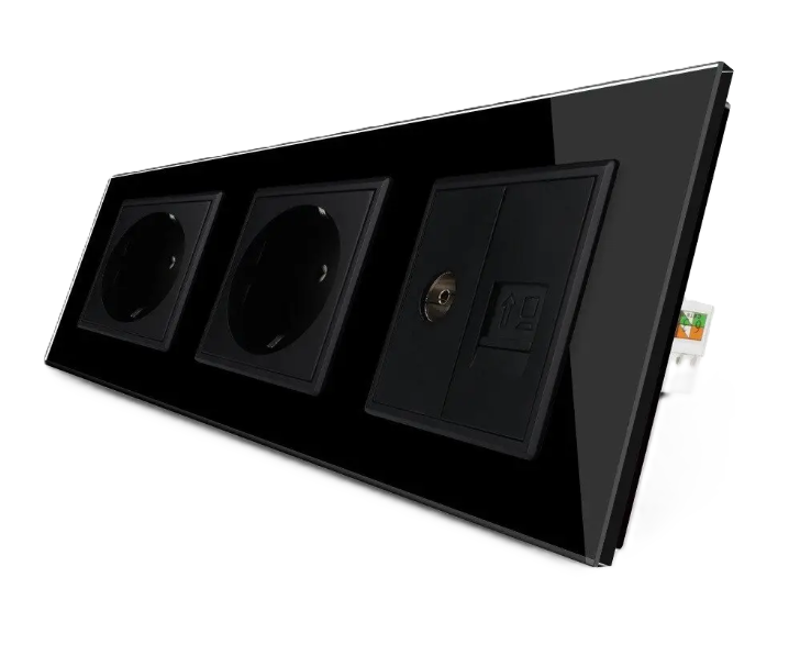 Фото Розетка тримісна комбінована силова інтернет ТВ чорне скло Livolo