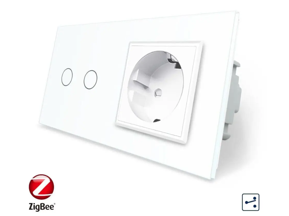 Фото Розумний сенсорний прохідний вимикач ZigBee 2 сенсори 1 розетка біле скло Livolo