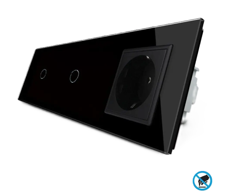 Фото Бесконтактный выключатель 2 сенсора 1 розетка 1-1 черное стекло Livolo