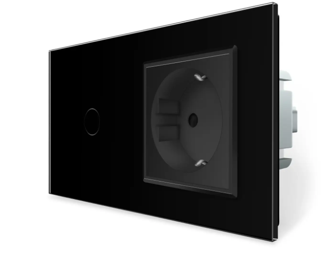 Фото Умный сенсорный ЕС выключатель 1 сенсор 1 розетка черное стекло Livolo