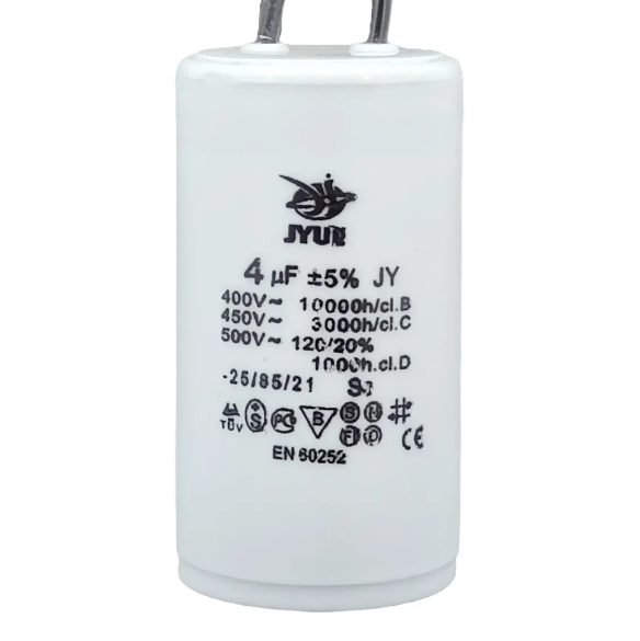 Фото Конденсатор JYUL CBB-60 4 mkf 450 VAC (±5%) гибкие выводы 30*50 мм
