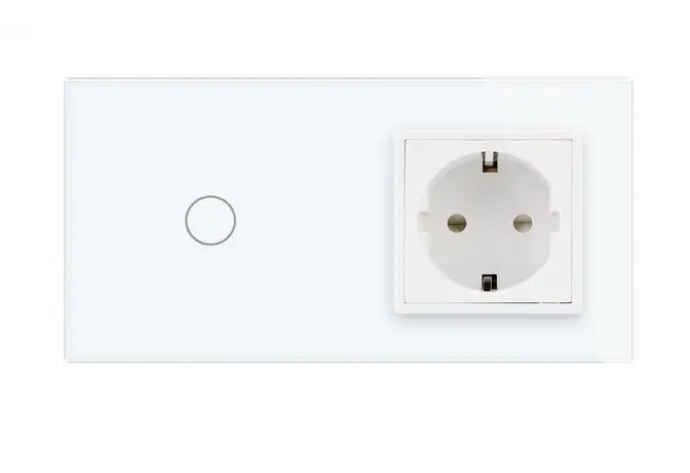 Фото 2 Сенсорный проходной перекрестный выключатель 1 сенсор 1 розетка белое стекло Livolo