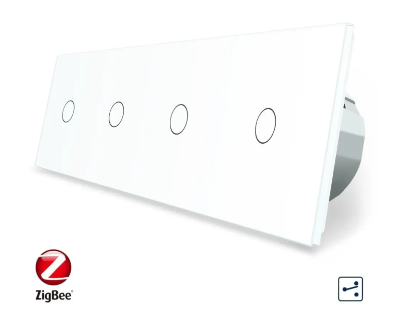 Фото Розумний сенсорний прохідний вимикач ZigBee 4 сенсора 1-1-1-1 біле скло Livolo