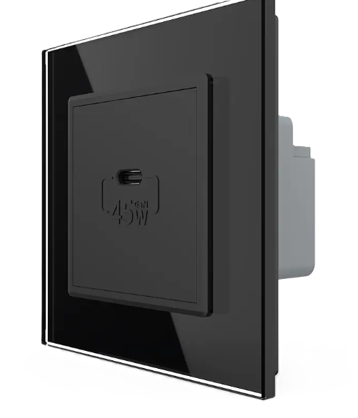 Фото Розетка USB Type-C із Power Delivery 45W чорне скло Livolo