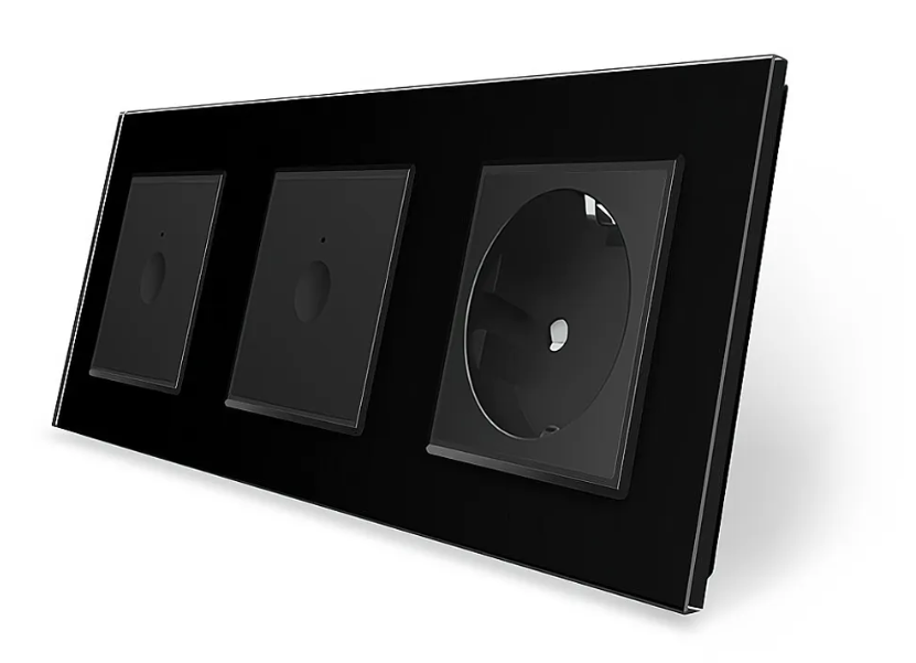 Фото Сенсорный проходной выключатель Sense 2 сенсора 1 розетка 1-1 черное стекло Livolo