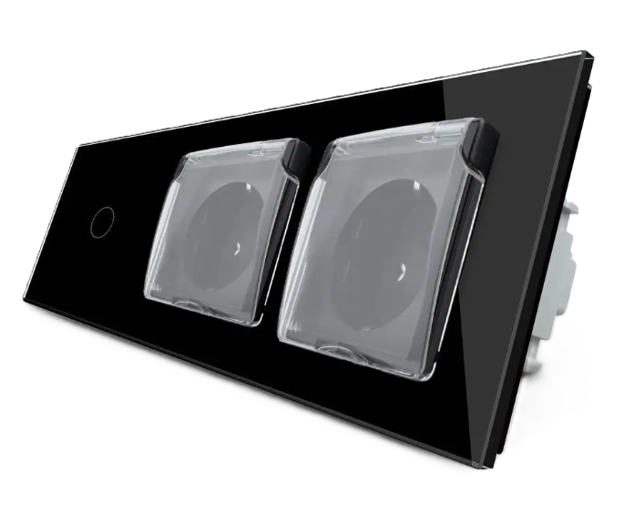 Фото Сенсорный выключатель Розетка двойная влагозащитная с крышкой черное стекло Livolo