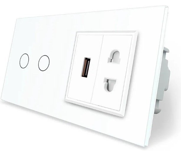 Фото Сенсорный проходной перекрестный выключатель 2 сенсора 1 розетка 1 USB белое стекло Livolo