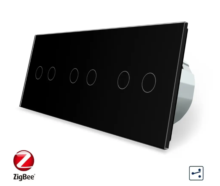Фото Розумний сенсорний прохідний вимикач ZigBee 6 сенсорів 2-2-2 чорне скло Livolo
