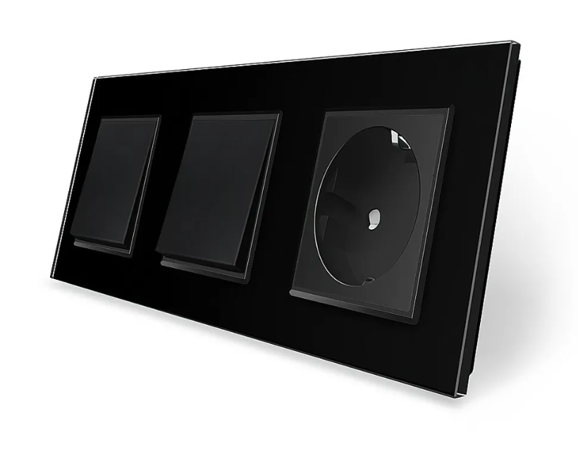 Фото Двухклавишный выключатель 1-1 с розеткой черное стекло Livolo