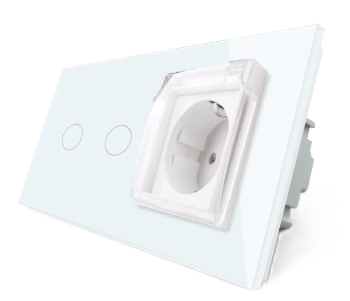 Фото Сенсорний вимикач 2 сенсора Розетка вологозахисна з кришкою біле скло Livolo