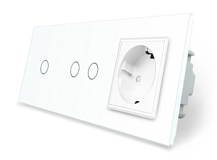 Фото Сенсорный проходной перекрестный выключатель 3 сенсора 1-2 1 розетка белое стекло Livolo