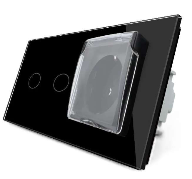Фото Сенсорний вимикач 2 сенсора Розетка вологозахисна з кришкою чорне скло Livolo