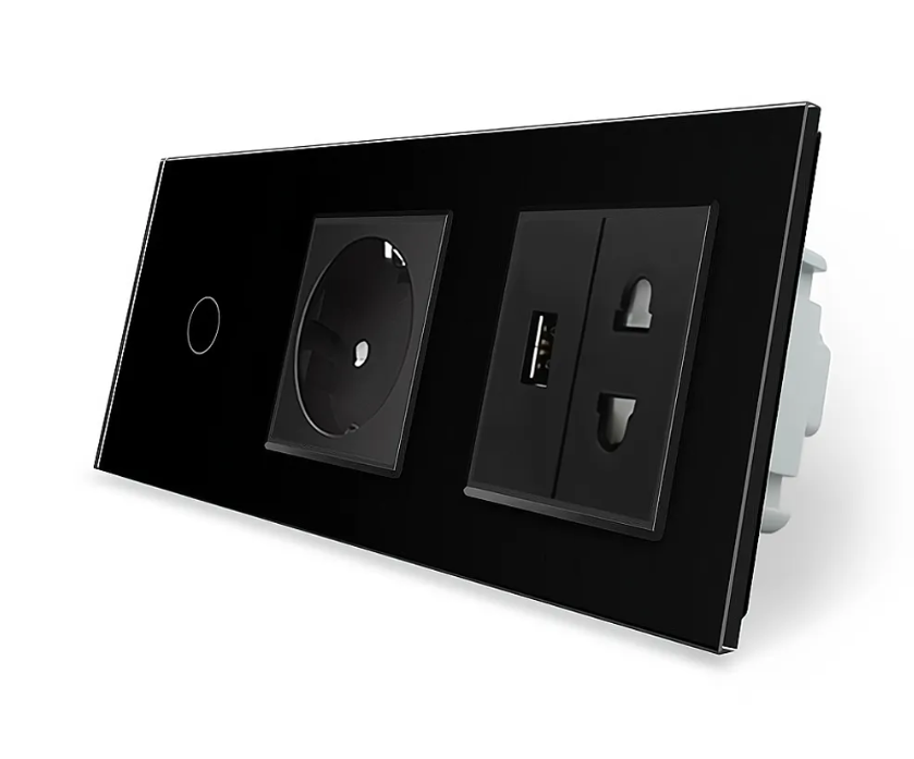 Фото Сенсорный выключатель 1 сенсор 1 розетка 1 USB 1 розетка универсальная черное стекло Livolo