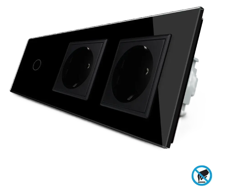 Фото Бесконтактный выключатель 1 сенсор 2 розетки черное стекло Livolo