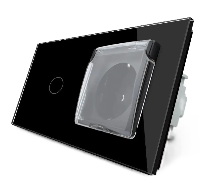 Фото Сенсорний вимикач Розетка вологозахисна із кришкою чорне скло Livolo