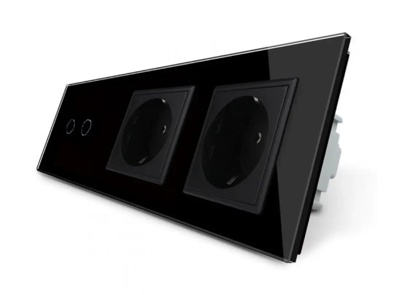 Фото Сенсорный выключатель 2 сенсора 2 розетки черное стекло Livolo