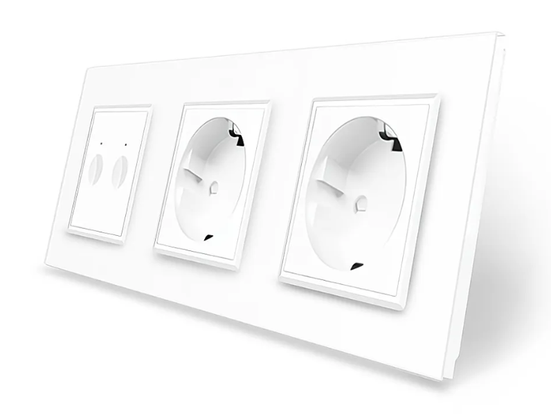 Фото Сенсорний прохідний вимикач Sense 2 сенсори 2 розетки біле скло Livolo