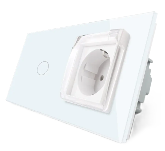 Фото Сенсорный выключатель Розетка влагозащитная с крышкой белое стекло Livolo