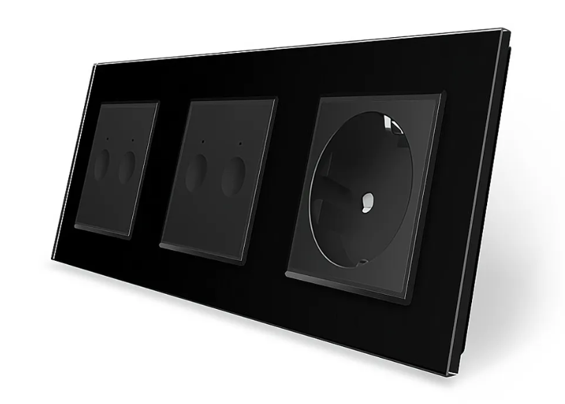 Фото Сенсорний прохідний вимикач Sense 4 сенсора 1 розетка чорне скло 2-2 Livolo