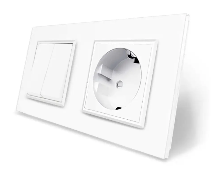 Фото Двоклавішний вимикач із розеткою біле скло Livolo
