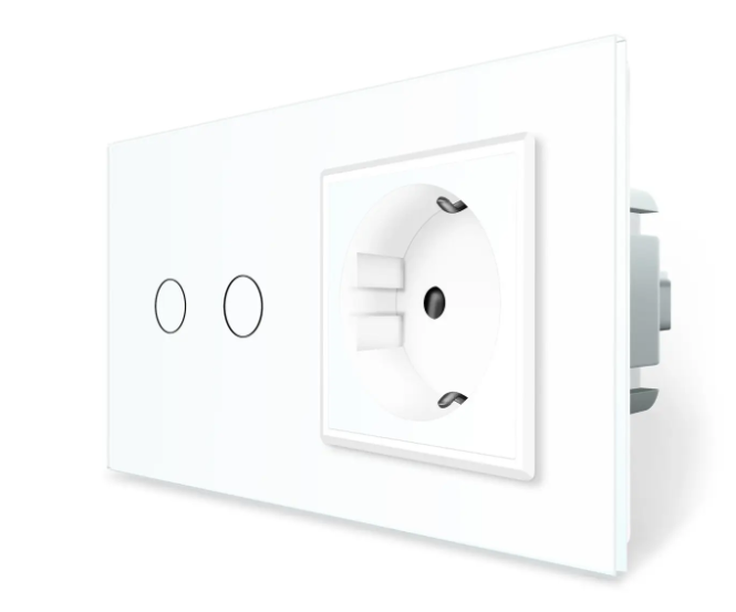 Фото Розумний сенсорний ЕС вимикач 2 сенсора 1 розетка біле скло Livolo
