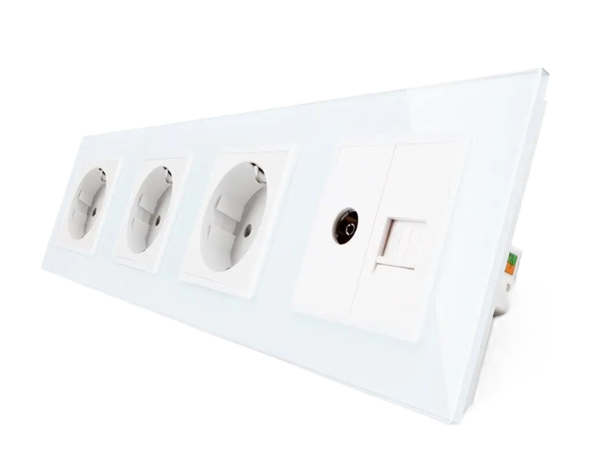 Фото Розетка чотиримісна комбінована силова інтернет ТВ біле скло Livolo