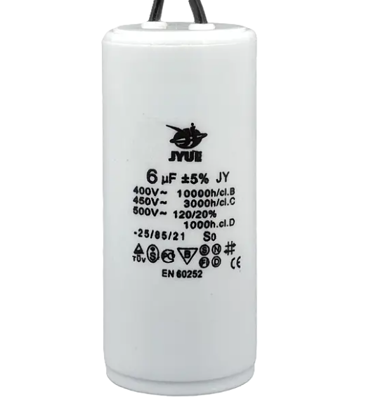 Фото Конденсатор JYUL CBB-60 6 mkf 450 VAC (±5%) гнучкі виводи 30*60 мм