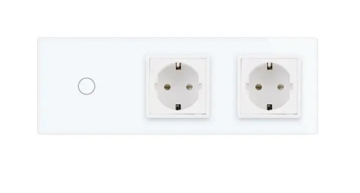 Фото 2 Сенсорний прохідний перехресний вимикач 1 сенсор 2 розетки біле скло Livolo